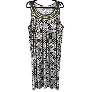 ilu ilu Sleeveless Dress Beaded Neck Black Cream Moroccan Geometric Ikat Plus 2X